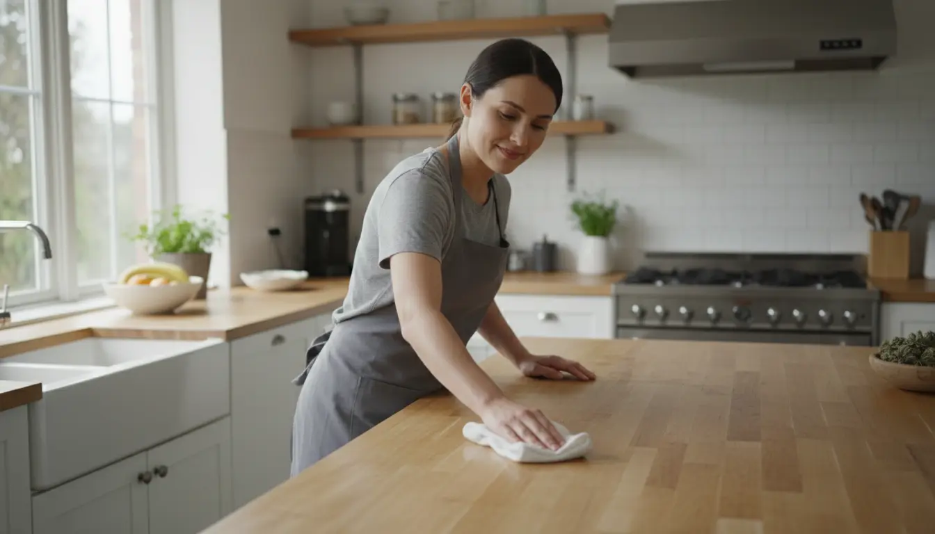 professional cleaner wiping kitchen counters in a bright modern home