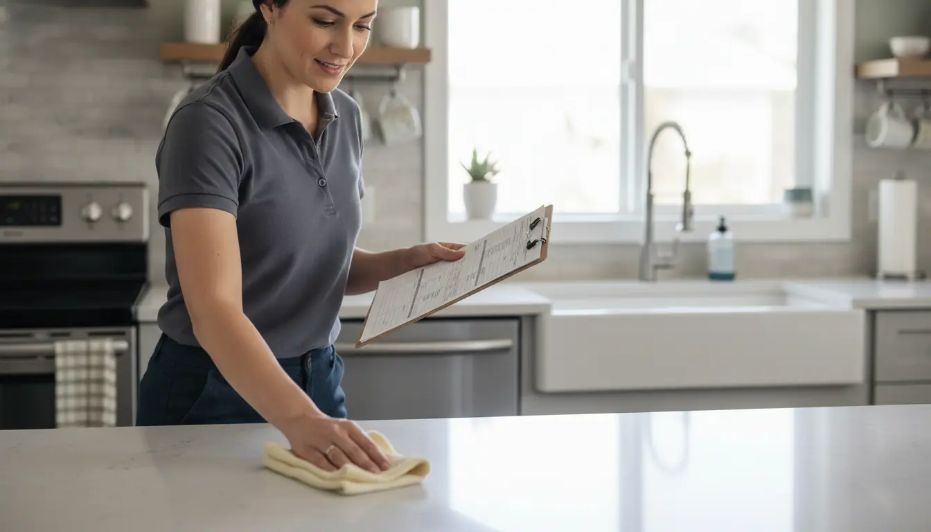 professional cleaner in kitchen checking a house cleaning checklist and wiping countertop