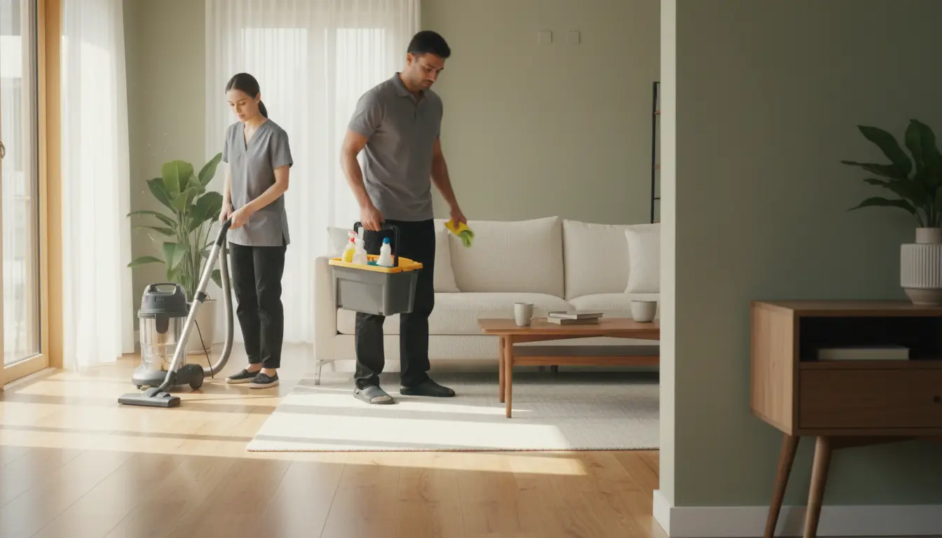 two professional cleaners working efficiently in a bright living room