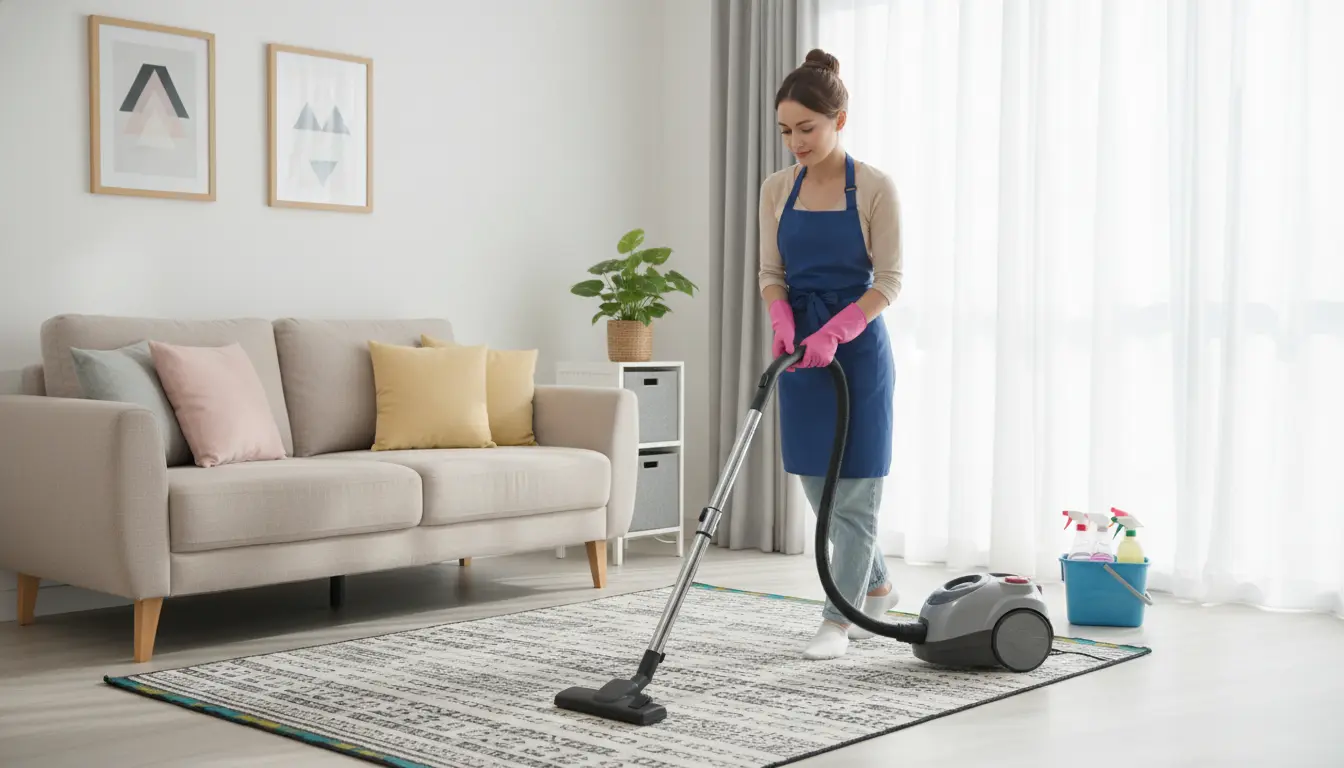Woman vacuuming a rug in a bright living room with a sofa, indoor plant, and cleaning supplies nearby.