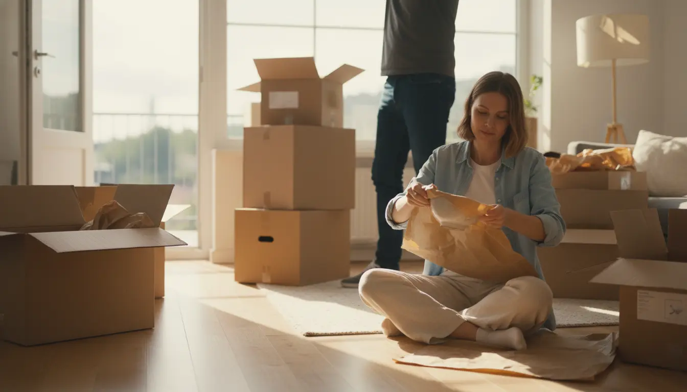 Woman packing belongings in cardboard boxes in a sunlit living room during a move-out process