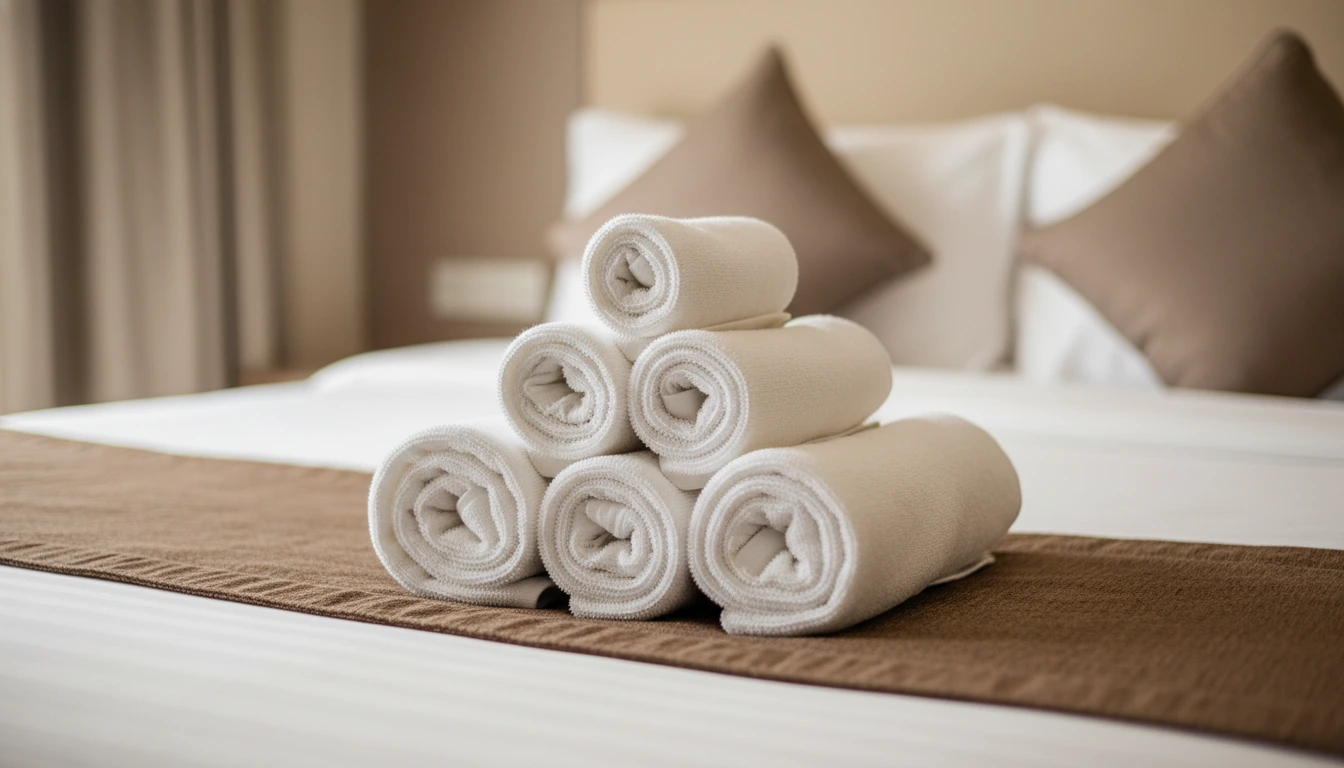 Neatly rolled white towels stacked on a freshly made bed with brown runner in a clean, modern bedroom.